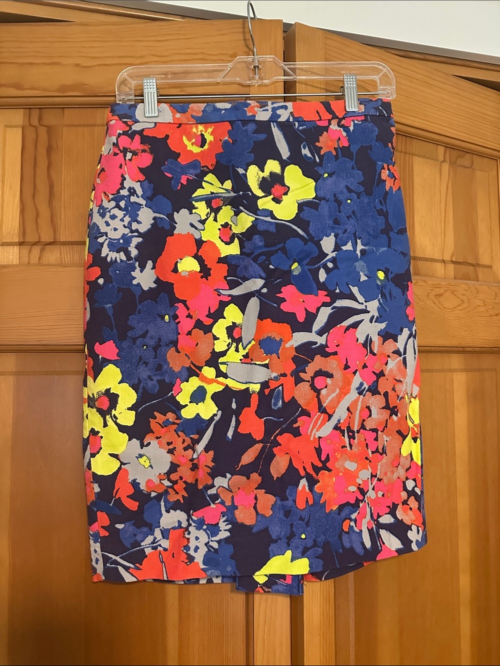 LOFT Navy Floral Pencil Skirt with Neon Accents